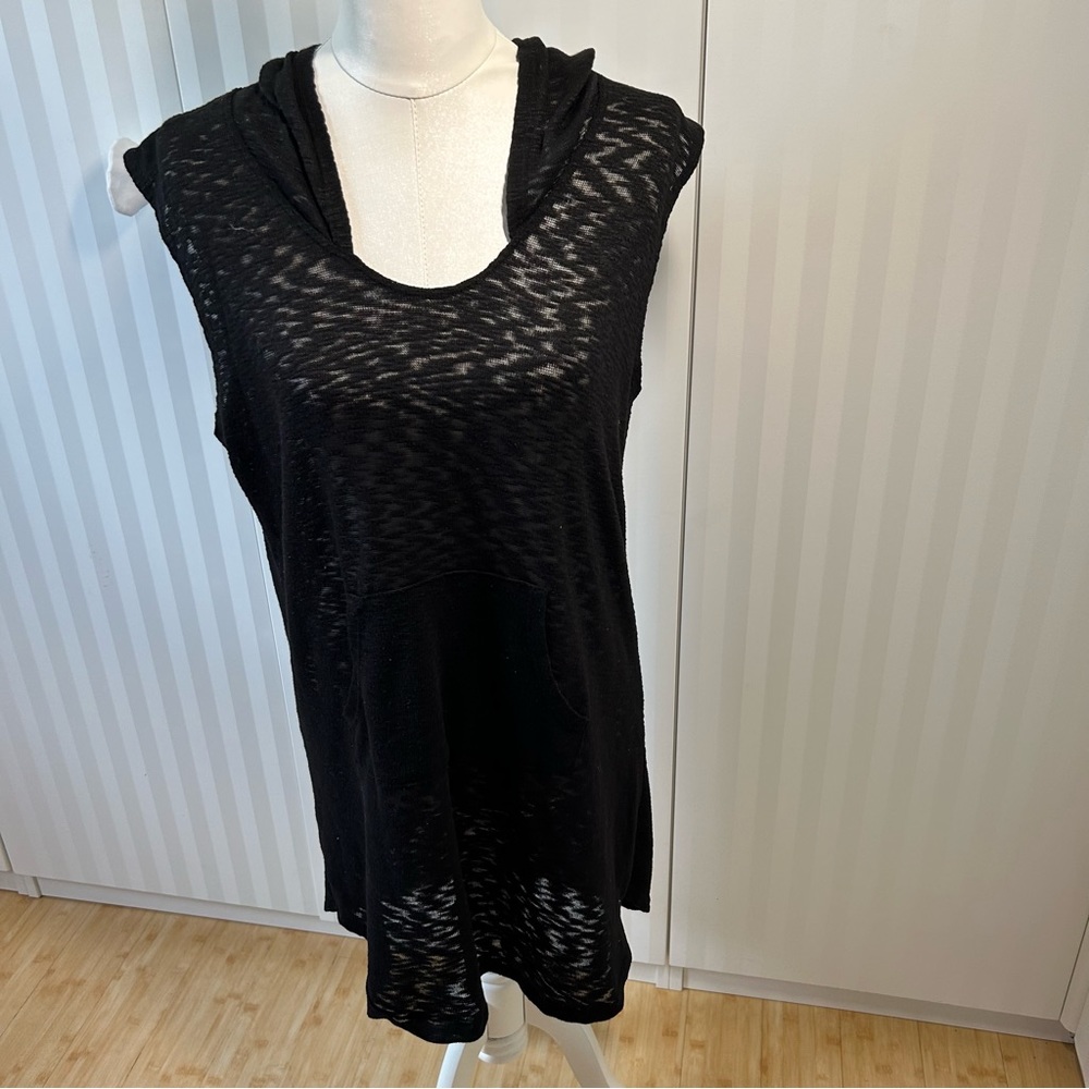 Merona black lacy mesh hooded dress swim cover kangaroo pocket Size L